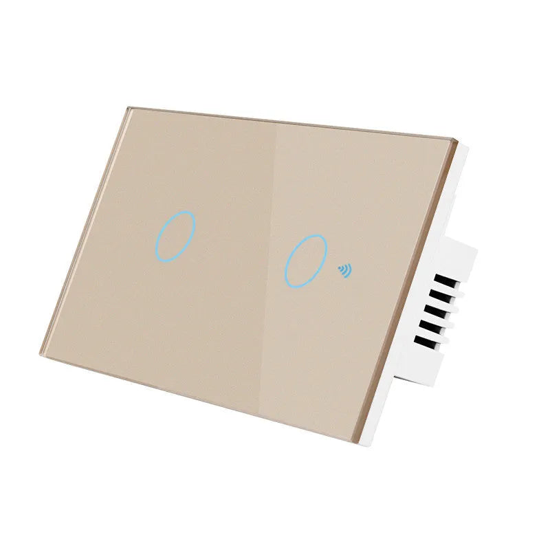 Modern 2-gang touch light switch with tempered glass panel in black, white, or gold.