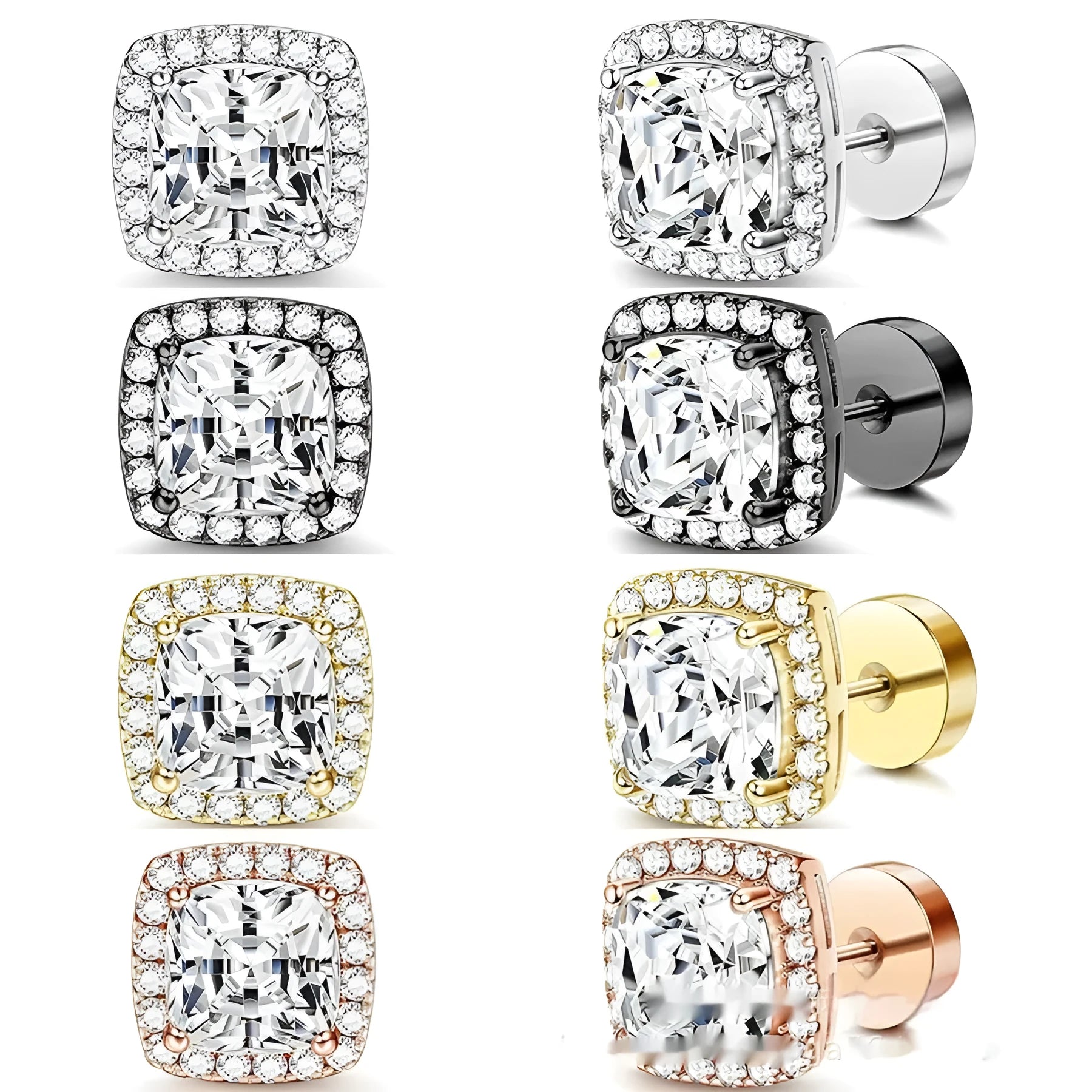 Women's diamond square bag earrings in stainless steel, 8mm geometric shape, electroplated finish, steel colour