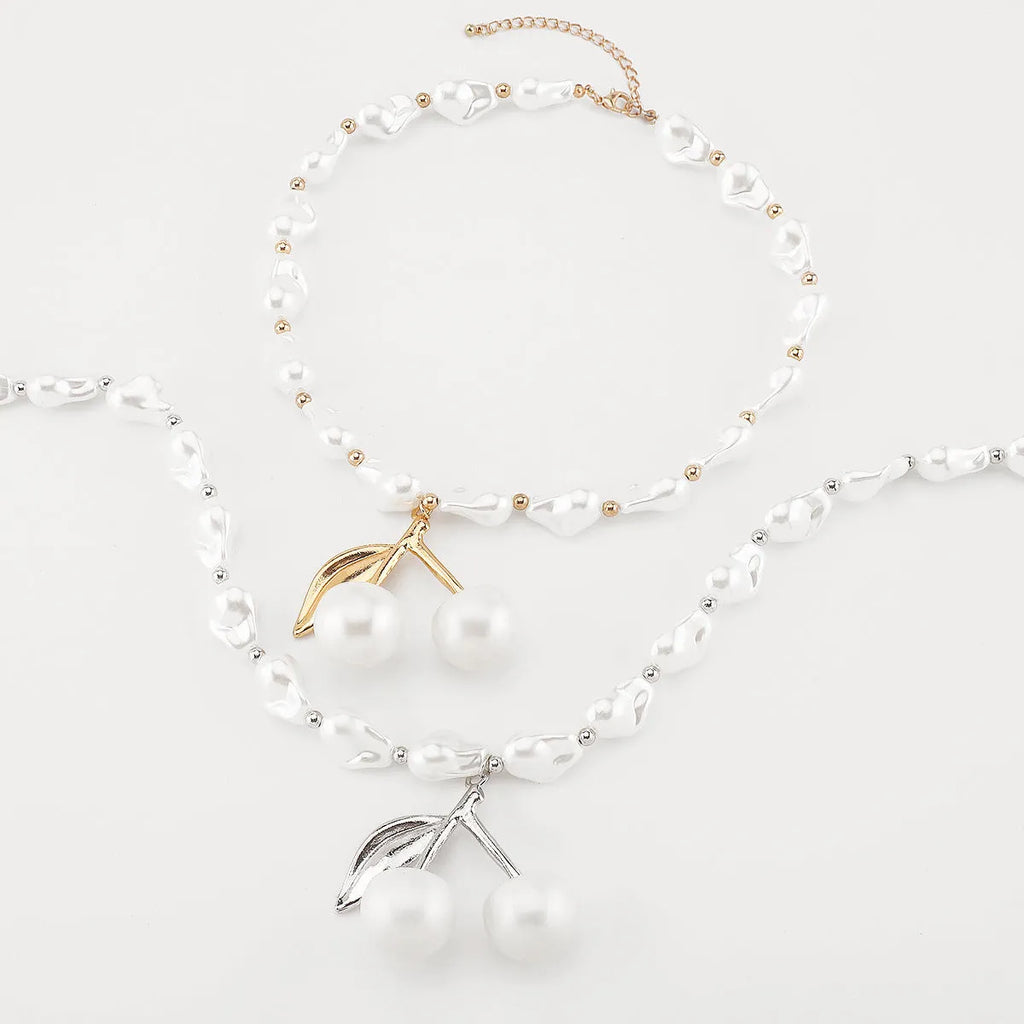 Creative cherry fruit necklace for women with adjustable length and electroplated gold or white K finish