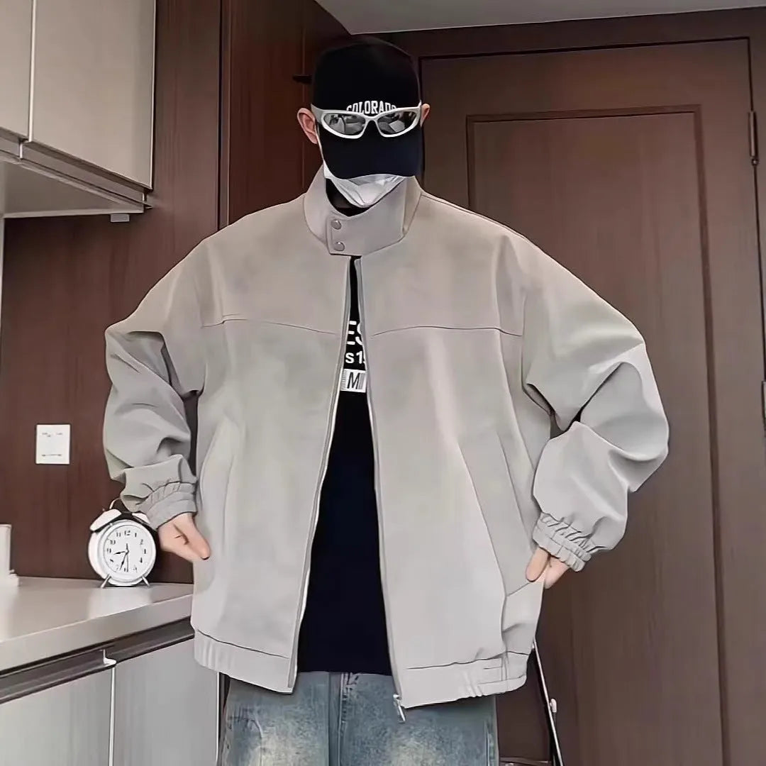 Grey tie-dye PU leather jacket with stand collar and side pockets, loose fit Hong Kong style