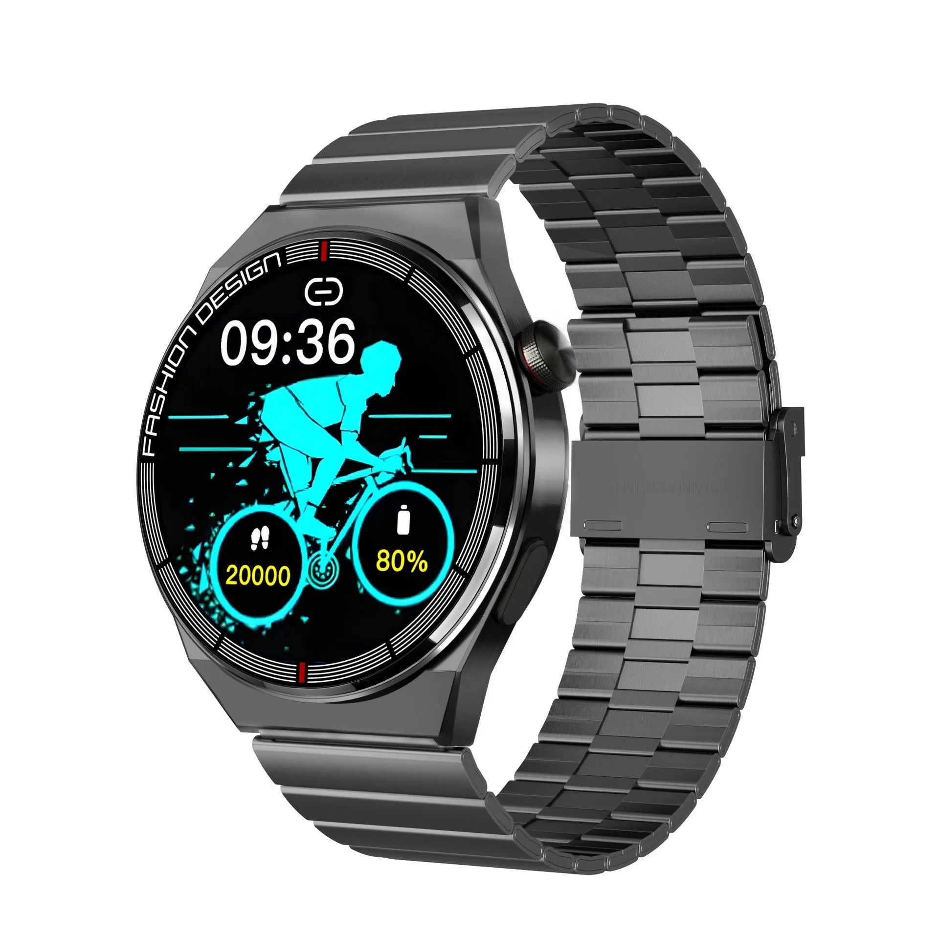 Smartwatch with black case and silicone strap showing Bluetooth calling and health monitoring features