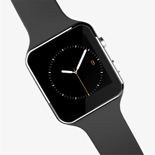 Black smart watch with 1.54-inch touch screen and silicone strap on a wrist