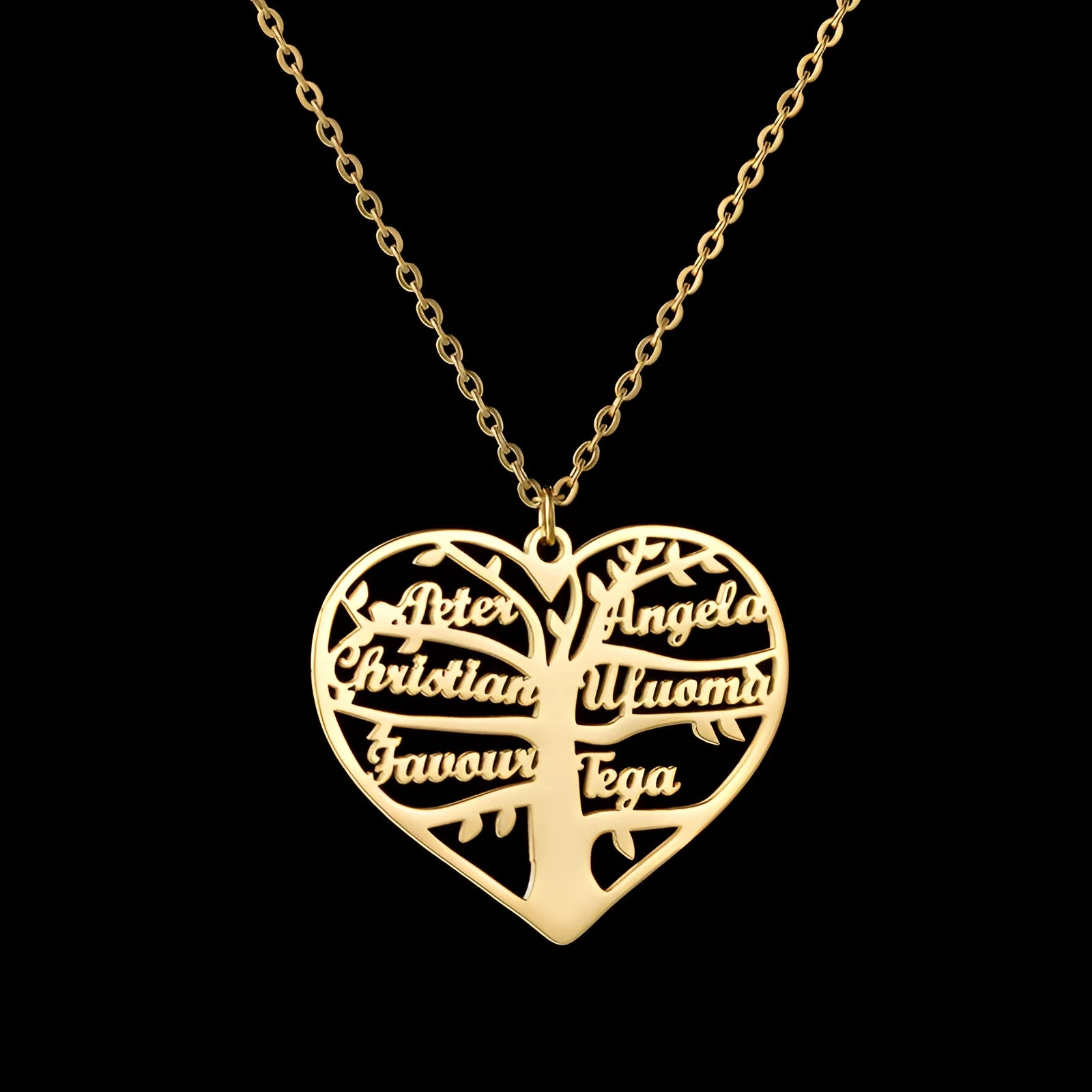 Personalised stainless steel necklace with a custom name heart pendant and lucky tree charm on an adjustable chain.