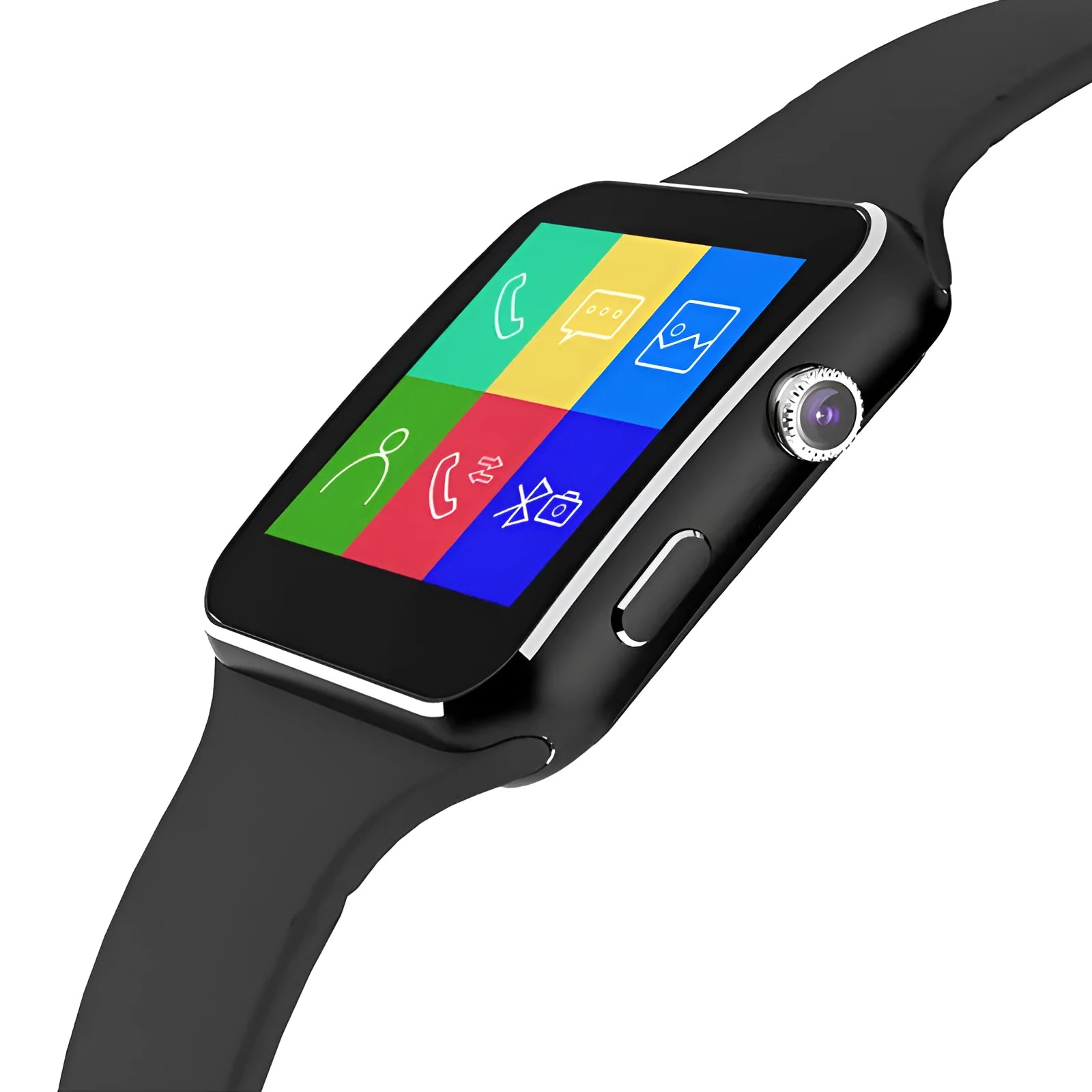 Black smart watch with 1.54-inch touch screen and silicone strap on a wrist