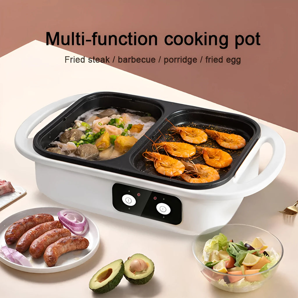 Green and white dual-function electric hot pot with frying pan showing mechanical controls and compact design