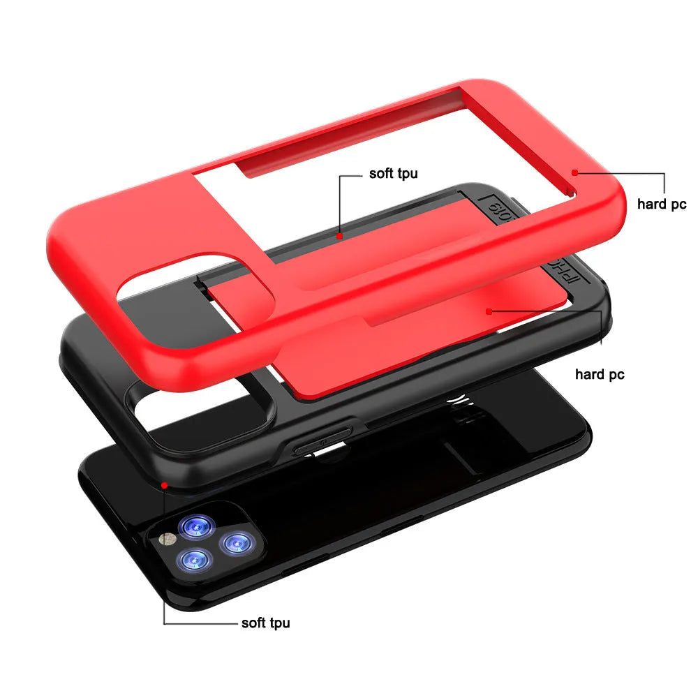 iPhone 11 protective case in TPU+PC material showing black, red, pink, dark blue, blue, and purple colour options