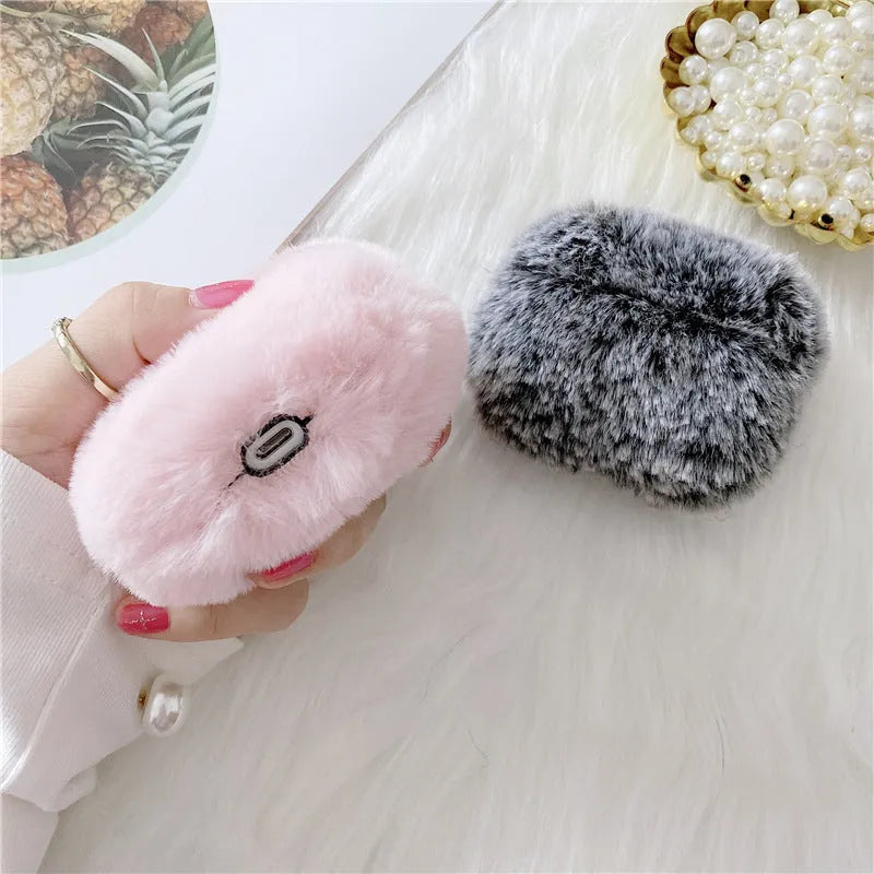 Pink plush flip-over earphone protector for Apple AirPods Generation 3 and Pro with simple cartoon style
