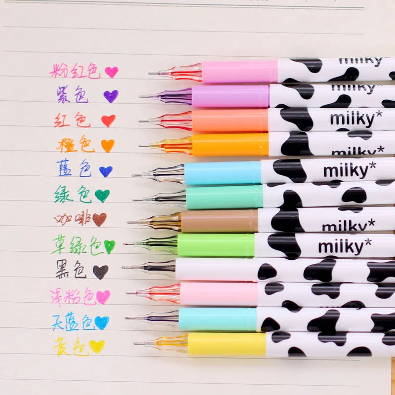 Cow pattern gel pen set with 12 assorted colours and 0.38mm fine point tips