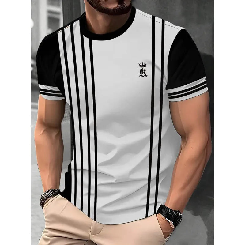 Men's striped short-sleeved t-shirt with digital 3D printing in loose fit polyester