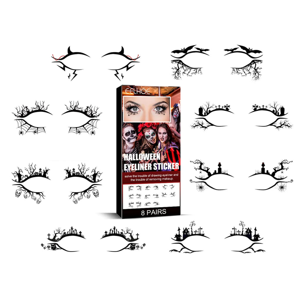 Pack of 8 pairs bat and spider decorative eyeliner stickers for Halloween eye makeup