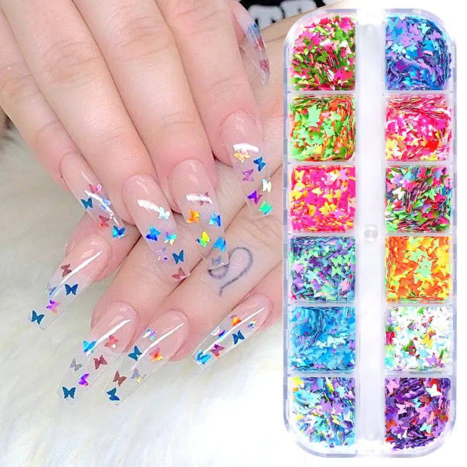 Butterfly sequin nail decoration in 12-colour glitter mix in a case for nail art