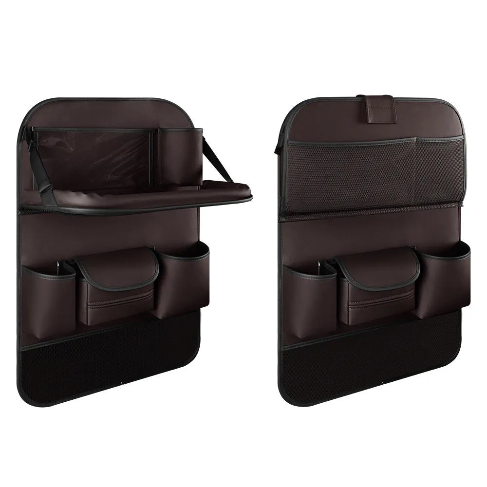 Car seat back storage bag with foldable dining table in leather, waterproof and pressure resistant, high grade gray colour