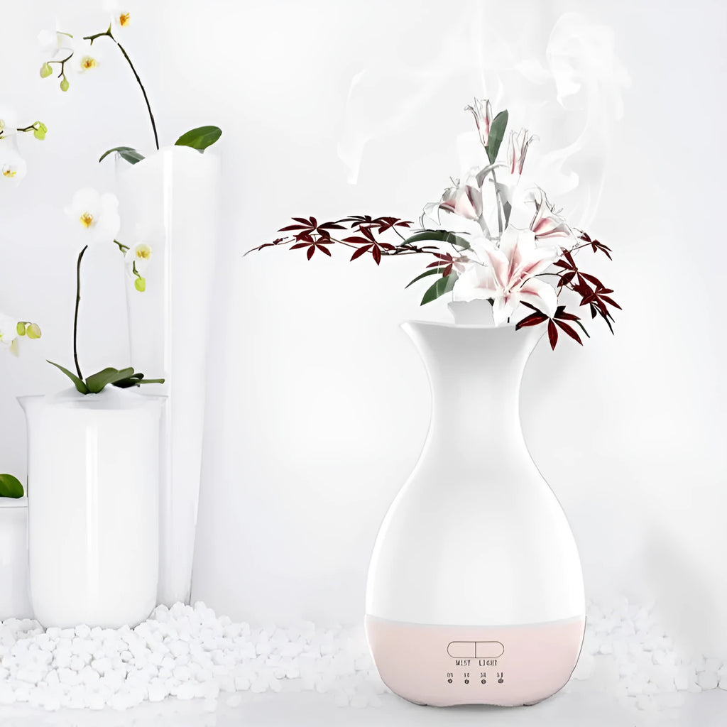 White ultrasonic aromatherapy diffuser with 200ml capacity and multicolour LED lighting on wooden table
