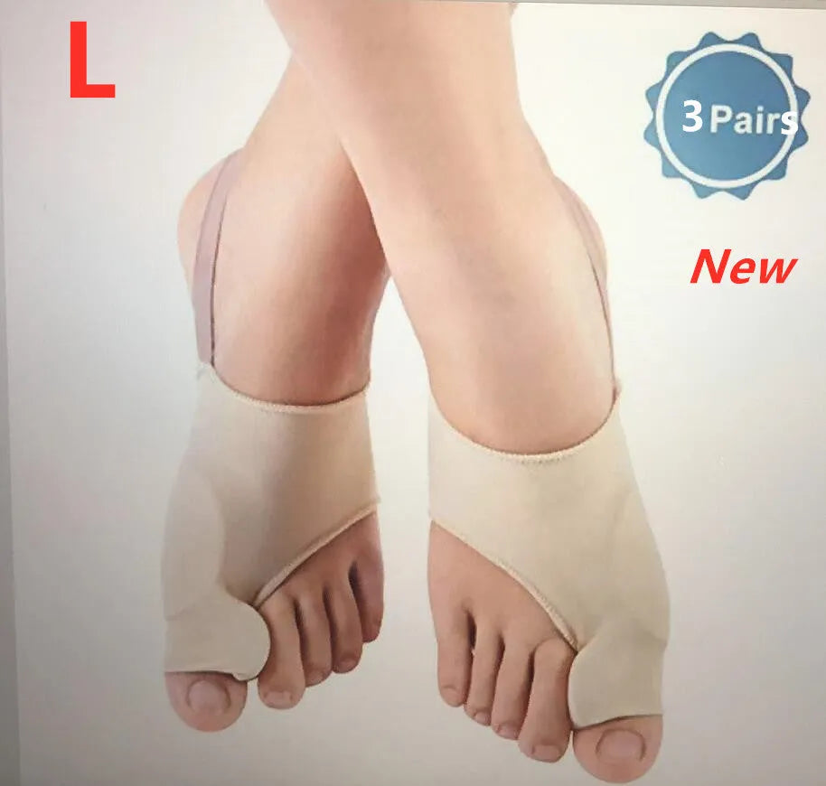 Valgus toe separator corrective socks with silicone gel bunion pad shown in sizes S, M, and L.