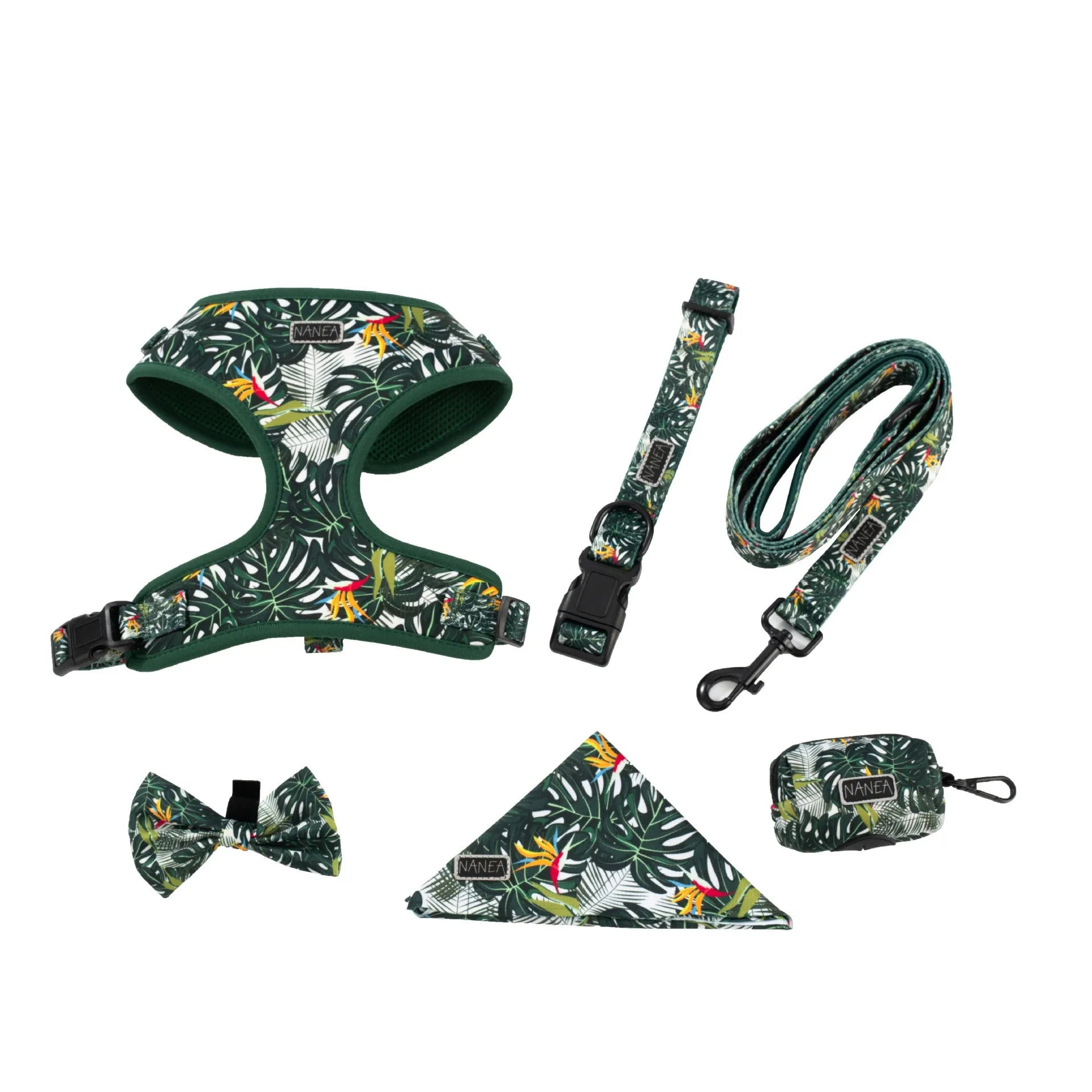 Six-piece dog harness set with adjustable vest, haulage rope, collar, waste bag, bow tie and triangular binder