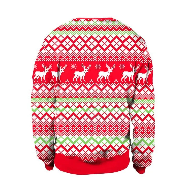 Ugly Christmas sweater with Santa and Elf print, long sleeves, round neck, loose fit for women and men