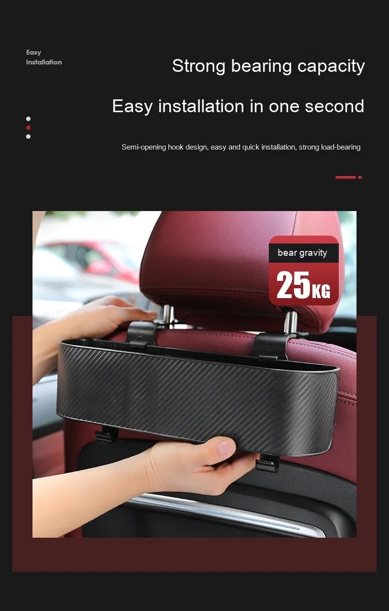 Car seat back hook storage box in black, made from ABS carbon fibre pattern material, for hanging organisation