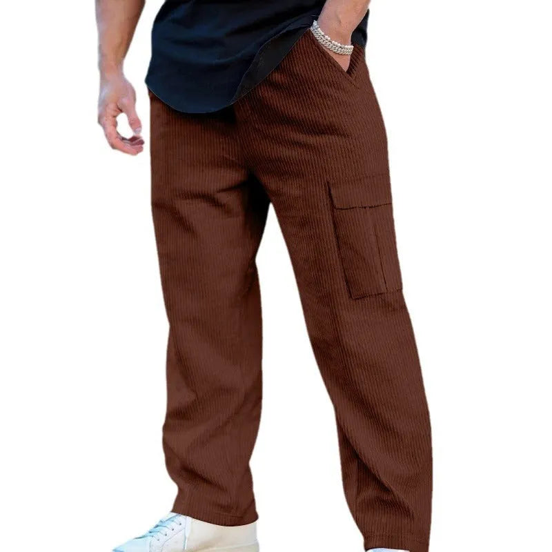 Men's straight-leg corduroy cargo trousers in brick red with a drawstring waist