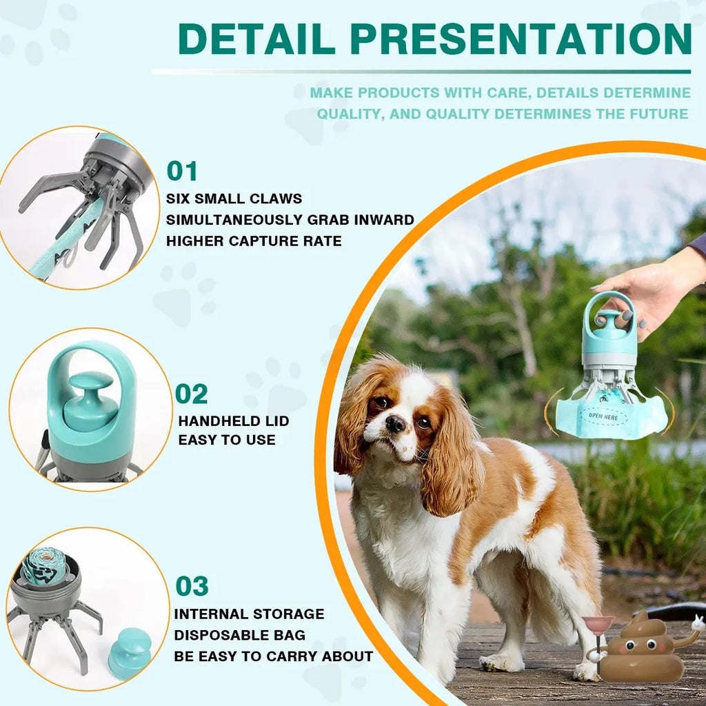 Blue and orange pet pooper scooper with claw design and included garbage bag roll