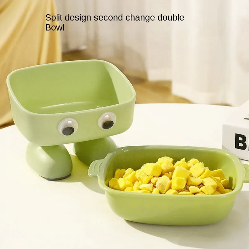 Green robot design elevated pet bowl with tilted feeding surface and detachable inner bowl