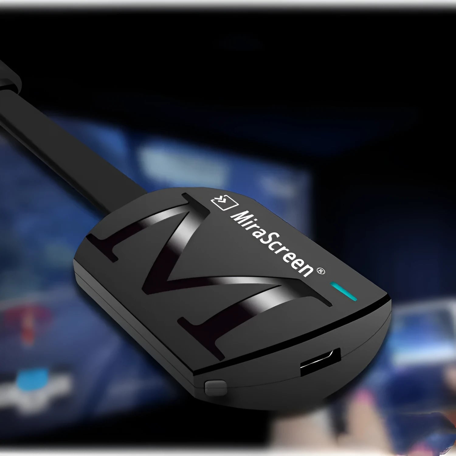 Black USB dongle for screen mirroring phones to HD TVs with HDMI, showing 52mm x 26mm dimensions.