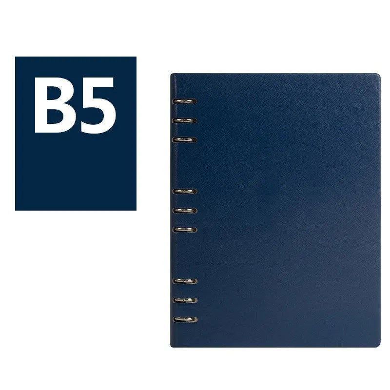 Loose-leaf business notebook with imitation leather cover in multiple colours, open to show beige paper.