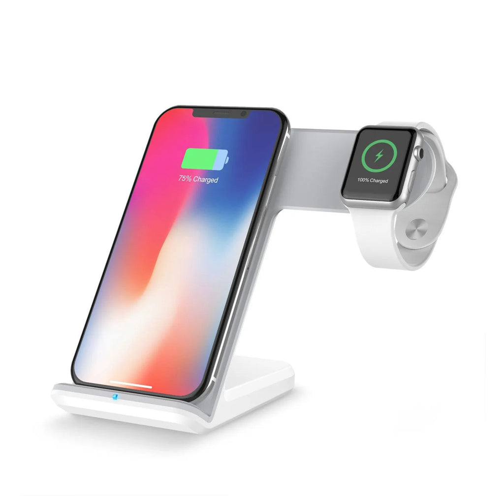 Black wireless phone charging stand with adjustable angle and integrated USB-C cable on a desk