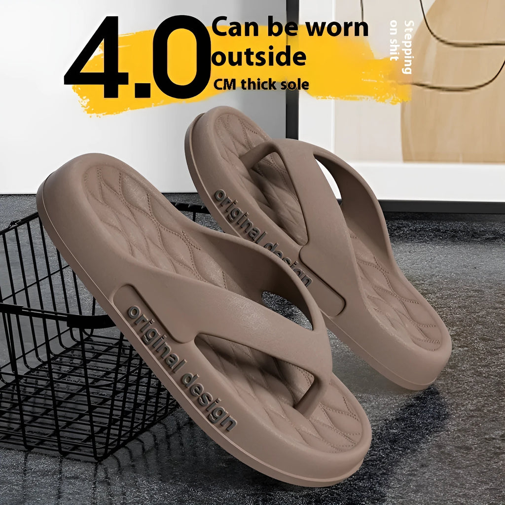 Men's EVA flip flops in various colours on a sandy beach background.