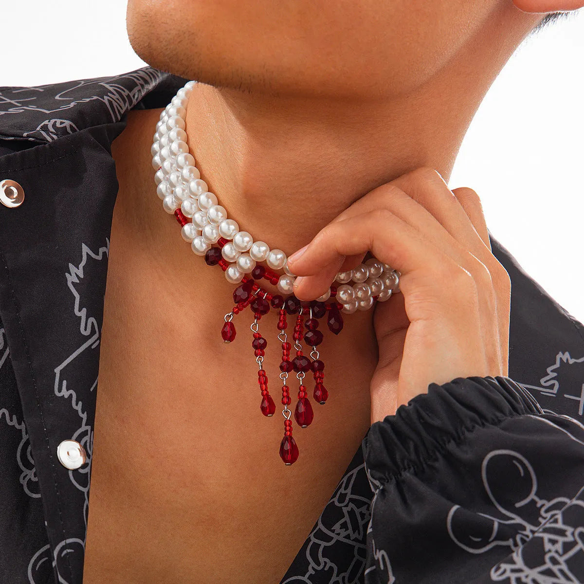 Halloween blood drop tassel necklace with artificial crystal pendant and imitation pearls on adjustable chain
