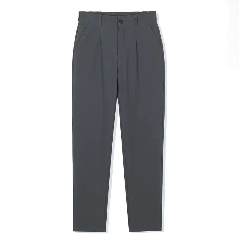 Men's slim fit straight casual trousers in black, brown, dark gray, and khaki cotton blend fabric sizes 28 to 40