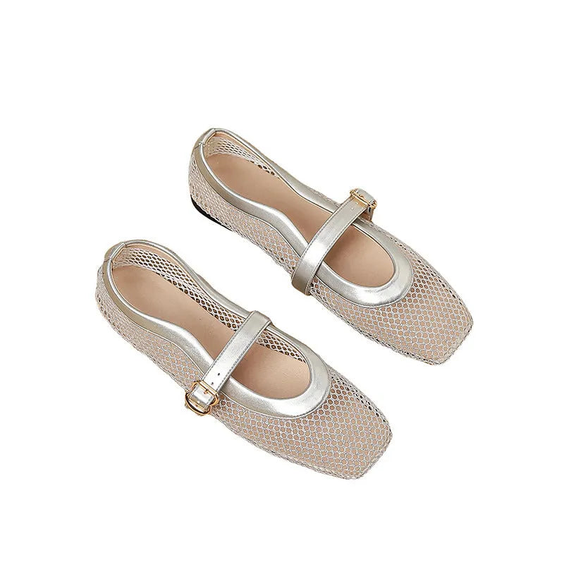 Women's beige mesh summer shoes with buckle fastening and square toe