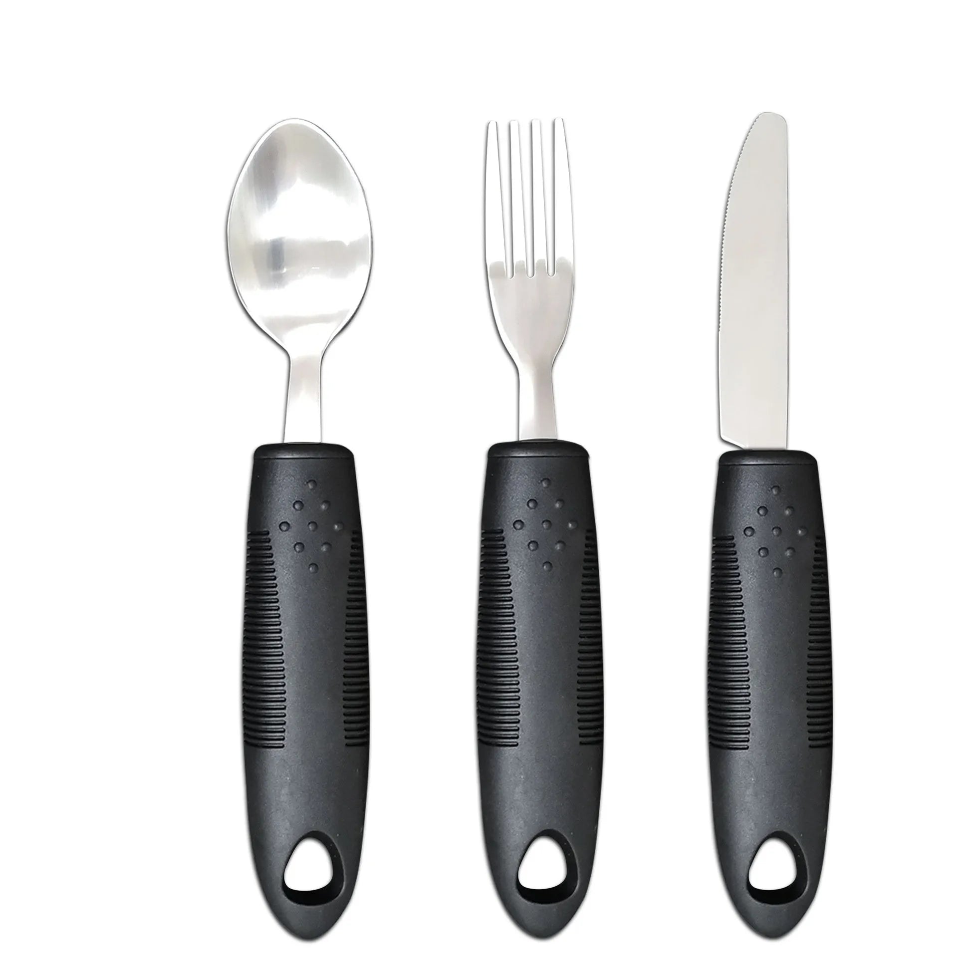 Adaptive cutlery set with stainless steel utensils and rubber grip handles for hand tremor assistance