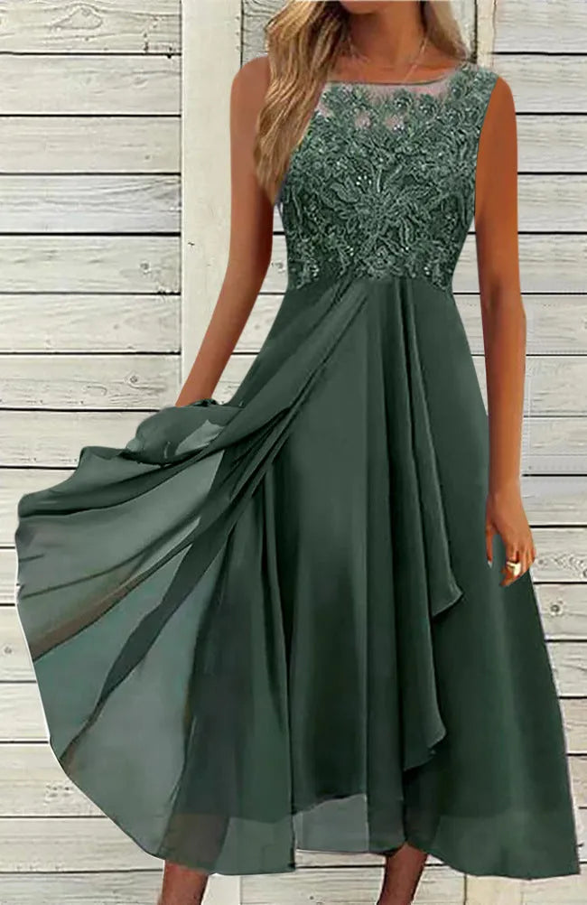 Women's sleeveless chiffon dress with hollow-out lace stitching in green colour