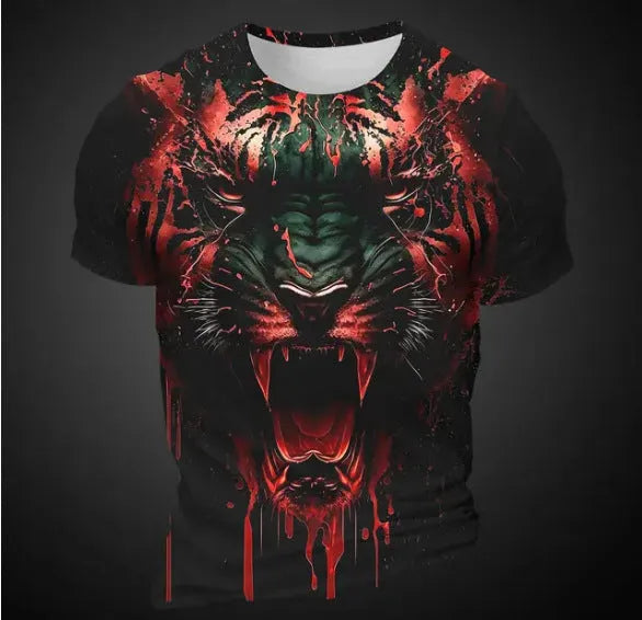 Men's short sleeve t-shirt featuring a 3D tiger pattern printed on bird eye cloth polyester fabric