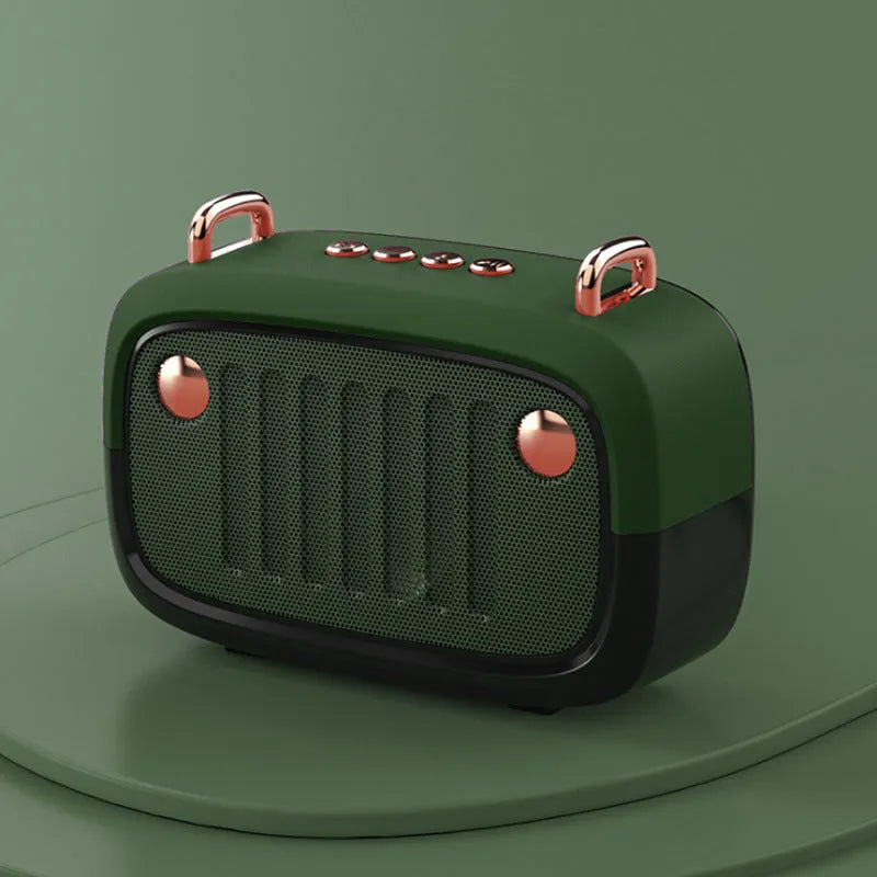 Compact portable Bluetooth mini speaker with USB port and control buttons, shown in black.
