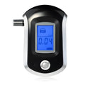 Black portable breath alcohol tester with digital screen and mouthpiece, slim design for pocket.