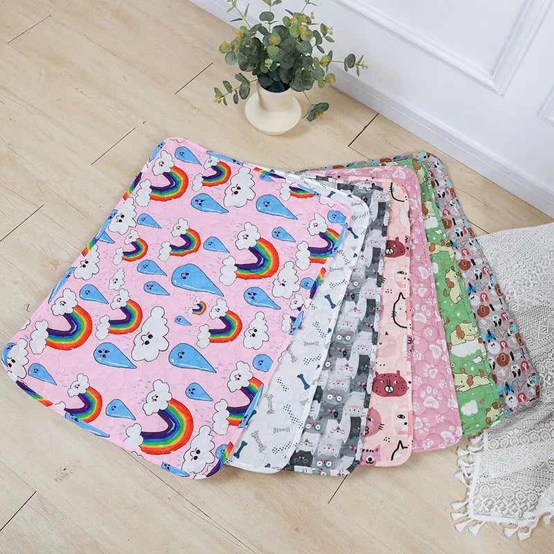 Washable waterproof pet urine pad showing animal pattern design and size options