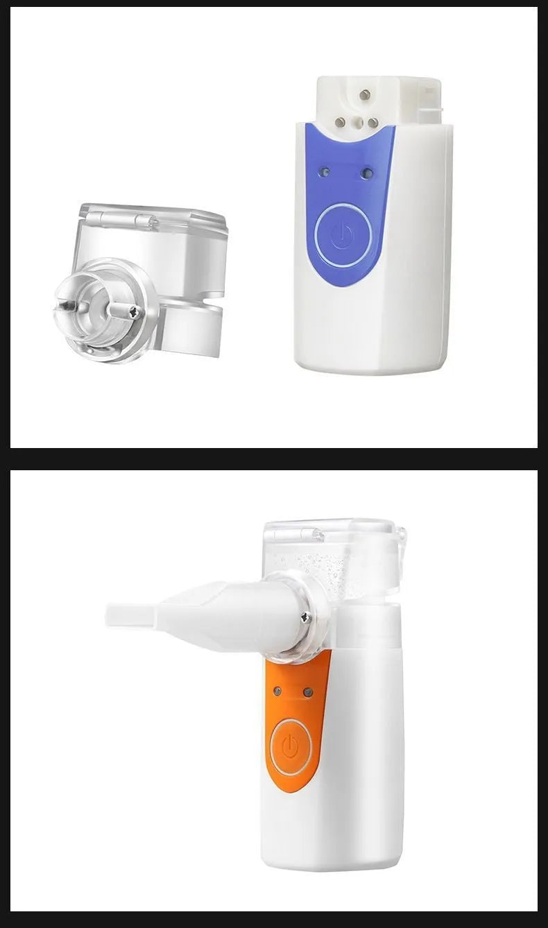Handheld columnar plastic nebuliser with USB cable for humidification and drug atomisation.