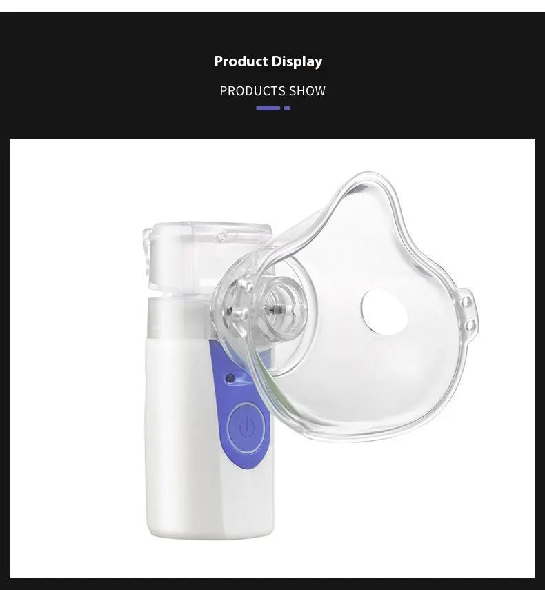 Handheld columnar plastic nebuliser with USB cable for humidification and drug atomisation.