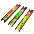 Three plastic vertical fishing floats with wire group and double hook on a dark background