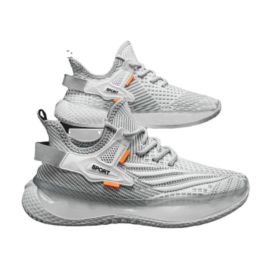 Men's white low-top lace-up sneakers with a woven mesh upper and flat rubber platform sole