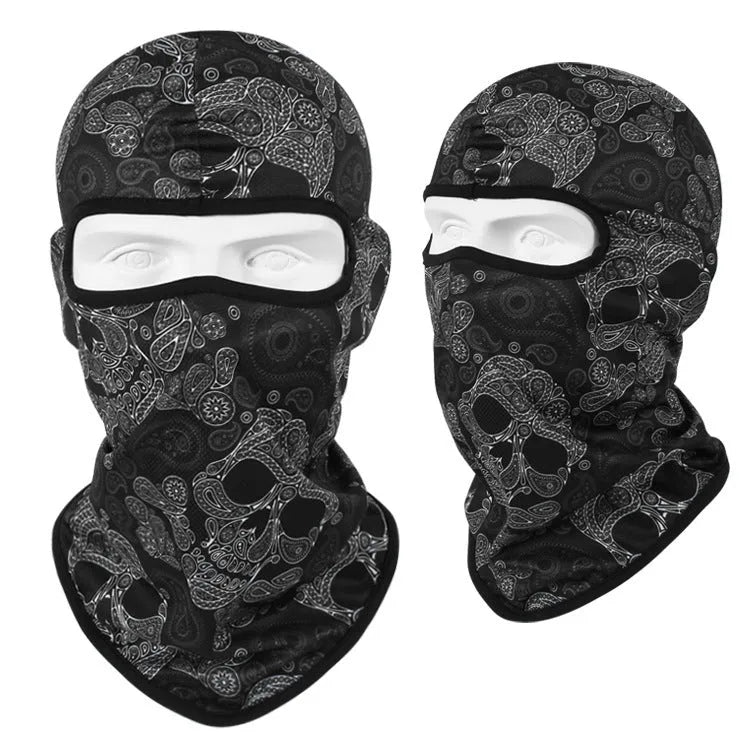 Bakool silk motorcycle skull mask in a skeleton design, sized 36cm by 29cm