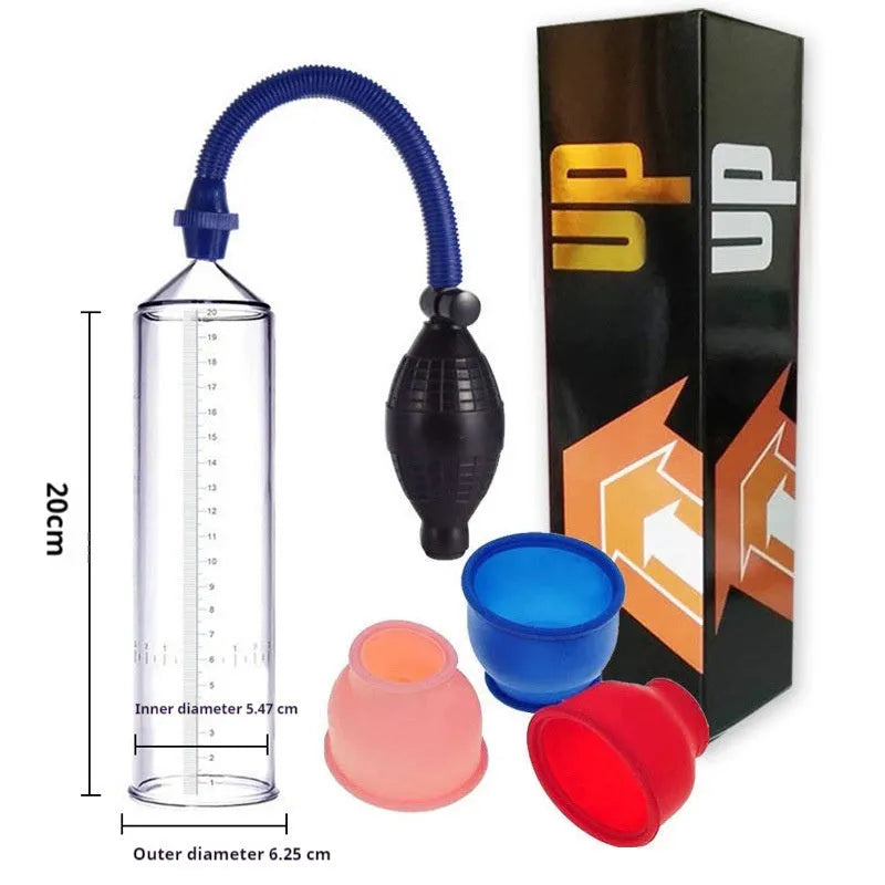 Customised transparent silicone cover for a male home exercise machine with accessory kit components.