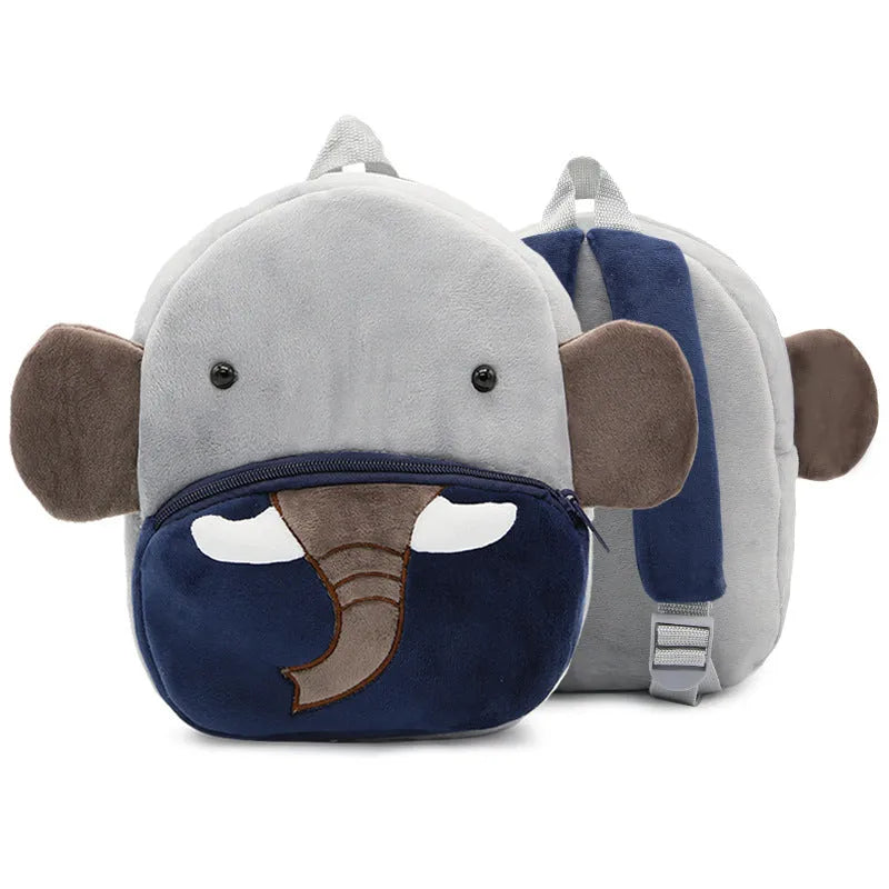 Children's plush animal backpack in various designs including elephant, bee, flamingo and unicorn styles