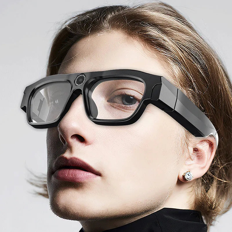 Black smart Bluetooth glasses with integrated camera for video recording