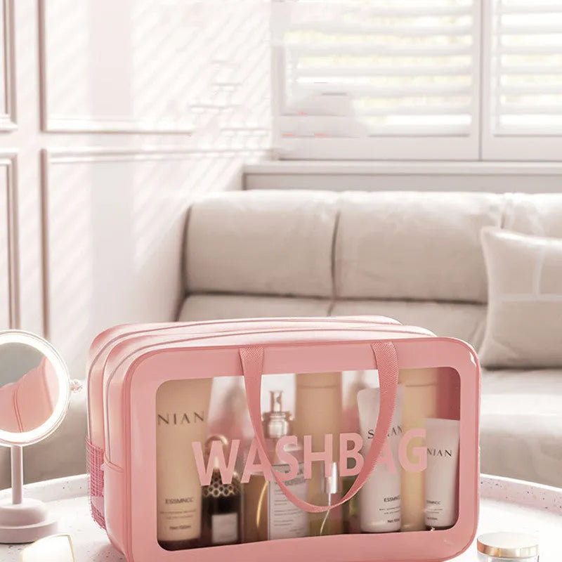 Portable dry wet separation washing and makeup bag in PU PVC with large capacity, available in black medium size.