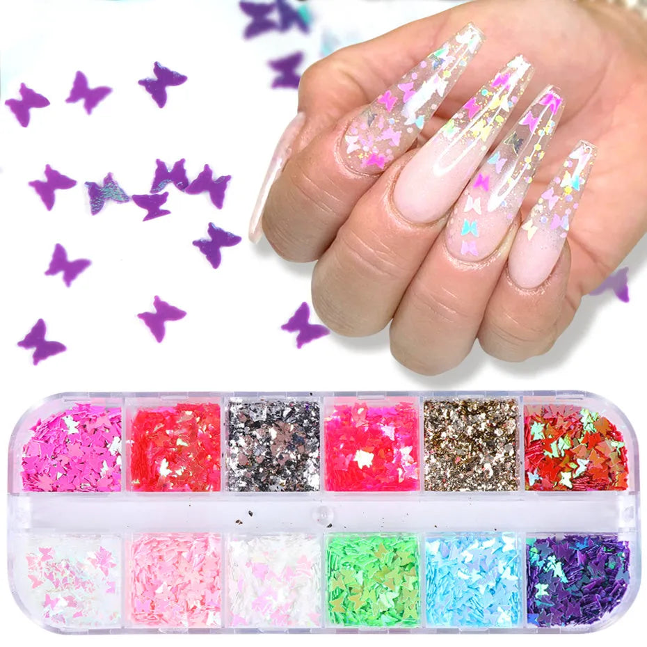 Butterfly sequin nail decoration in 12-colour glitter mix in a case for nail art