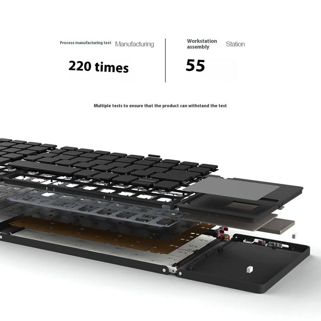 Tri-fold Bluetooth keyboard shown both folded and unfolded with black and silver colour options