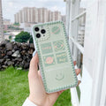 Green TPU phone case with geometric smiley face and polka dot frame design for iPhone.