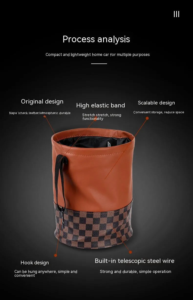 Leather retractable car trash can shown in folded and open states, with handle and waterproof construction.